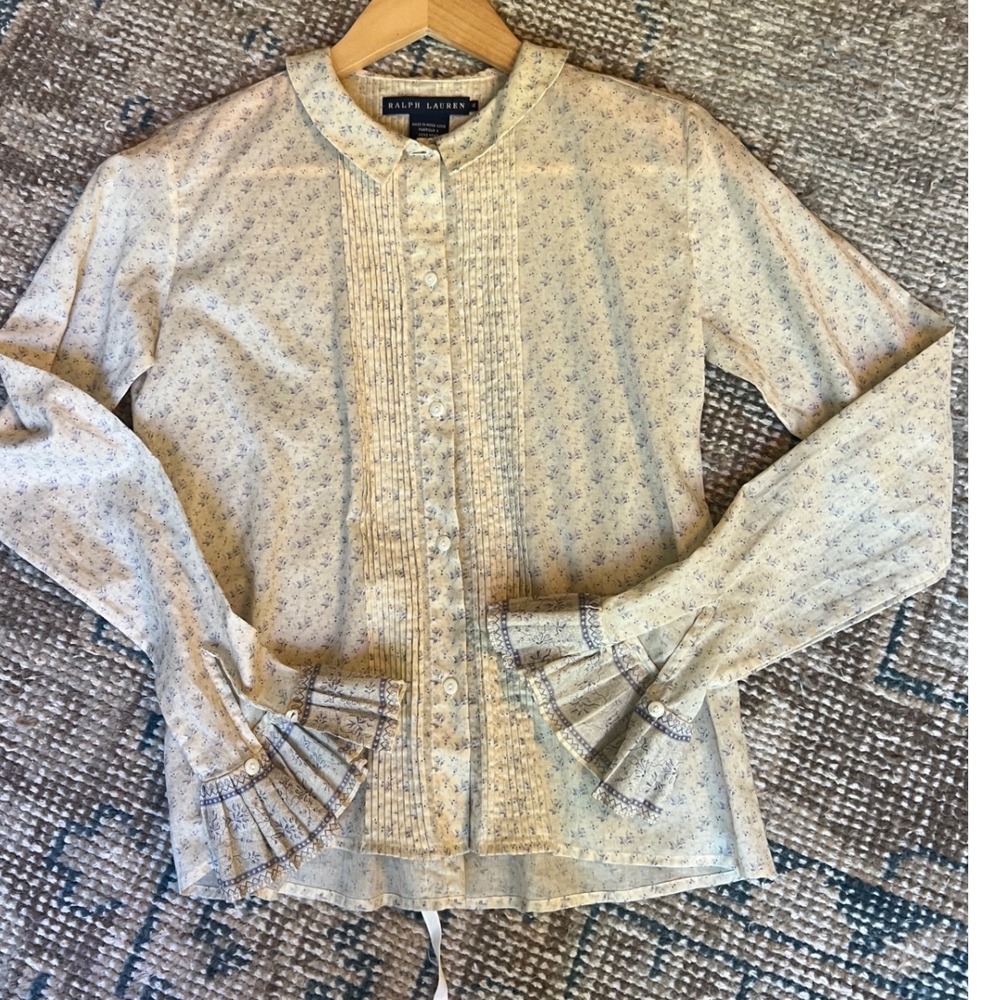 Vintage Ralph Lauren Floral Pintuck Ruffle Cuff Cotton Blouse Cream Blue Size 4
